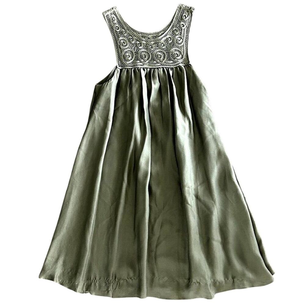 Olive Green Silk Babydoll Mini Dress Embroidered Lace Yoke Leifsdottir Anthro S